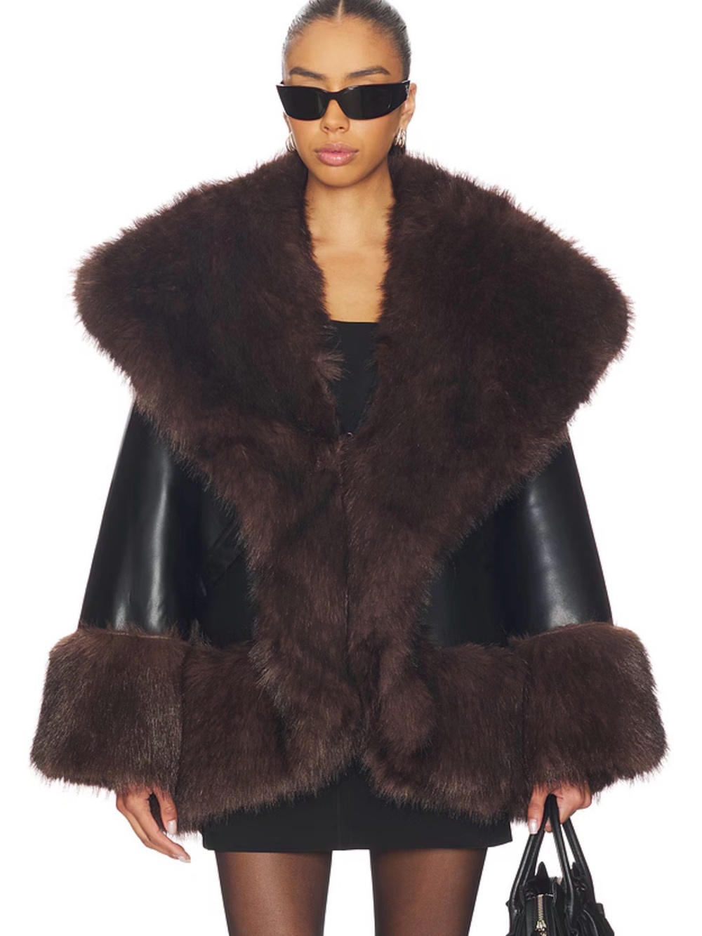 WeWoreWhat Black Jacket with Dark Brown Fur Trim XS
